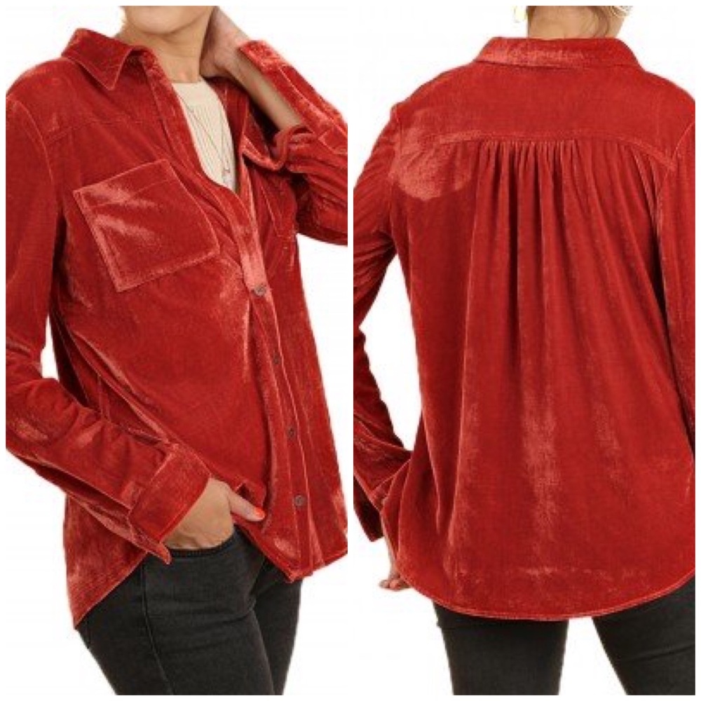 Umgee Burnt Orange Velvet Button Front Shirt LG